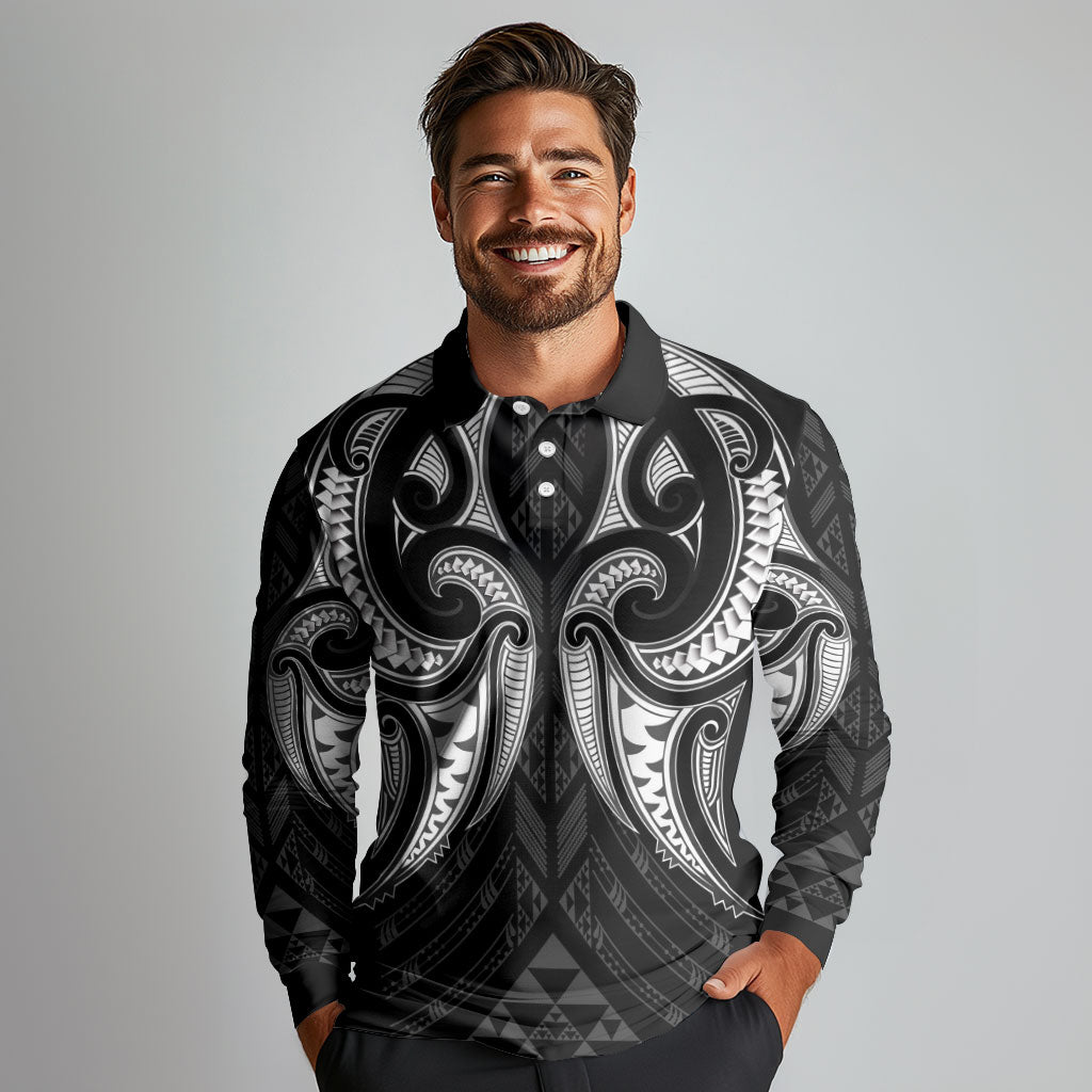 Maori Rugby Custom Ngaru Mangopare Long Sleeve Polo Shirt Black Whetu Niho Taniwha Motif