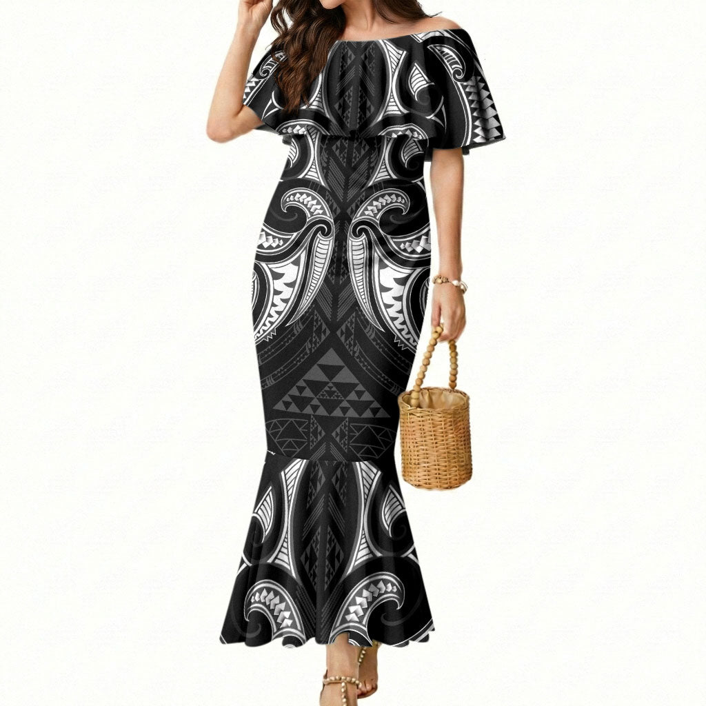 Maori Rugby Custom Ngaru Mangopare Mermaid Dress Black Whetu Niho Taniwha Motif