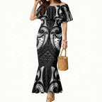Maori Rugby Custom Ngaru Mangopare Mermaid Dress Black Whetu Niho Taniwha Motif