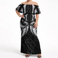 Maori Rugby Custom Ngaru Mangopare Off Shoulder Maxi Dress Black Whetu Niho Taniwha Motif