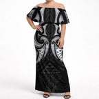 Maori Rugby Custom Ngaru Mangopare Off Shoulder Maxi Dress Black Whetu Niho Taniwha Motif