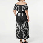 Maori Rugby Custom Ngaru Mangopare Off Shoulder Maxi Dress Black Whetu Niho Taniwha Motif