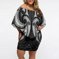 Maori Rugby Custom Ngaru Mangopare Off Shoulder Short Dress Black Whetu Niho Taniwha Motif