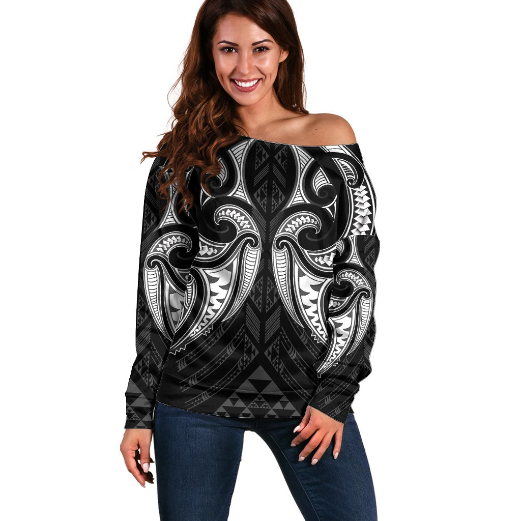 Maori Rugby Custom Ngaru Mangopare Off Shoulder Sweater Black Whetu Niho Taniwha Motif