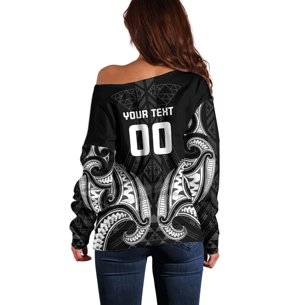 Maori Rugby Custom Ngaru Mangopare Off Shoulder Sweater Black Whetu Niho Taniwha Motif