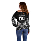 Maori Rugby Custom Ngaru Mangopare Off Shoulder Sweater Black Whetu Niho Taniwha Motif