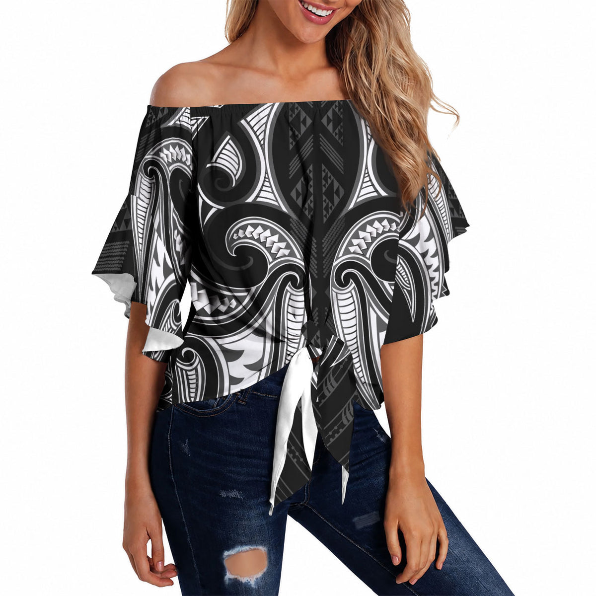 Maori Rugby Custom Ngaru Mangopare Off Shoulder Wrap Waist Top Black Whetu Niho Taniwha Motif