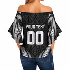 Maori Rugby Custom Ngaru Mangopare Off Shoulder Wrap Waist Top Black Whetu Niho Taniwha Motif
