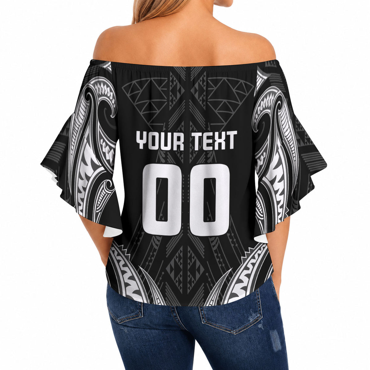 Maori Rugby Custom Ngaru Mangopare Off Shoulder Wrap Waist Top Black Whetu Niho Taniwha Motif