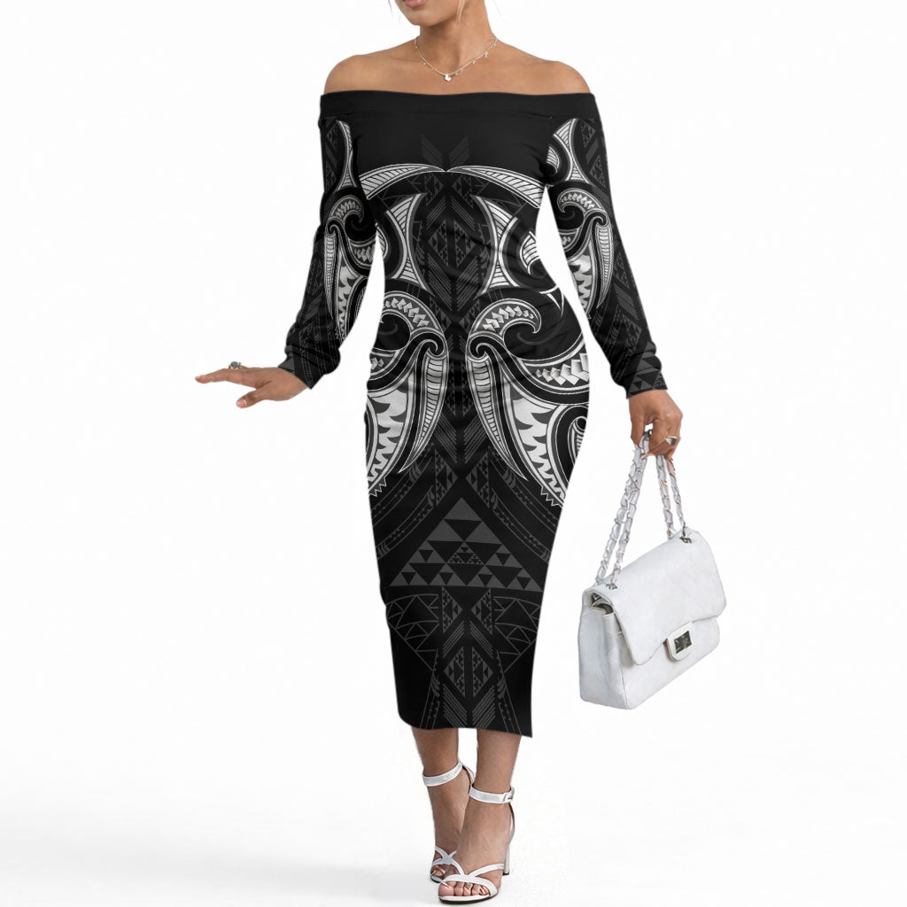 Maori Rugby Custom Ngaru Mangopare Off The Shoulder Long Sleeve Dress Black Whetu Niho Taniwha Motif