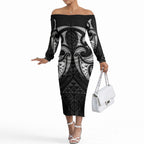 Maori Rugby Custom Ngaru Mangopare Off The Shoulder Long Sleeve Dress Black Whetu Niho Taniwha Motif