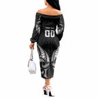 Maori Rugby Custom Ngaru Mangopare Off The Shoulder Long Sleeve Dress Black Whetu Niho Taniwha Motif