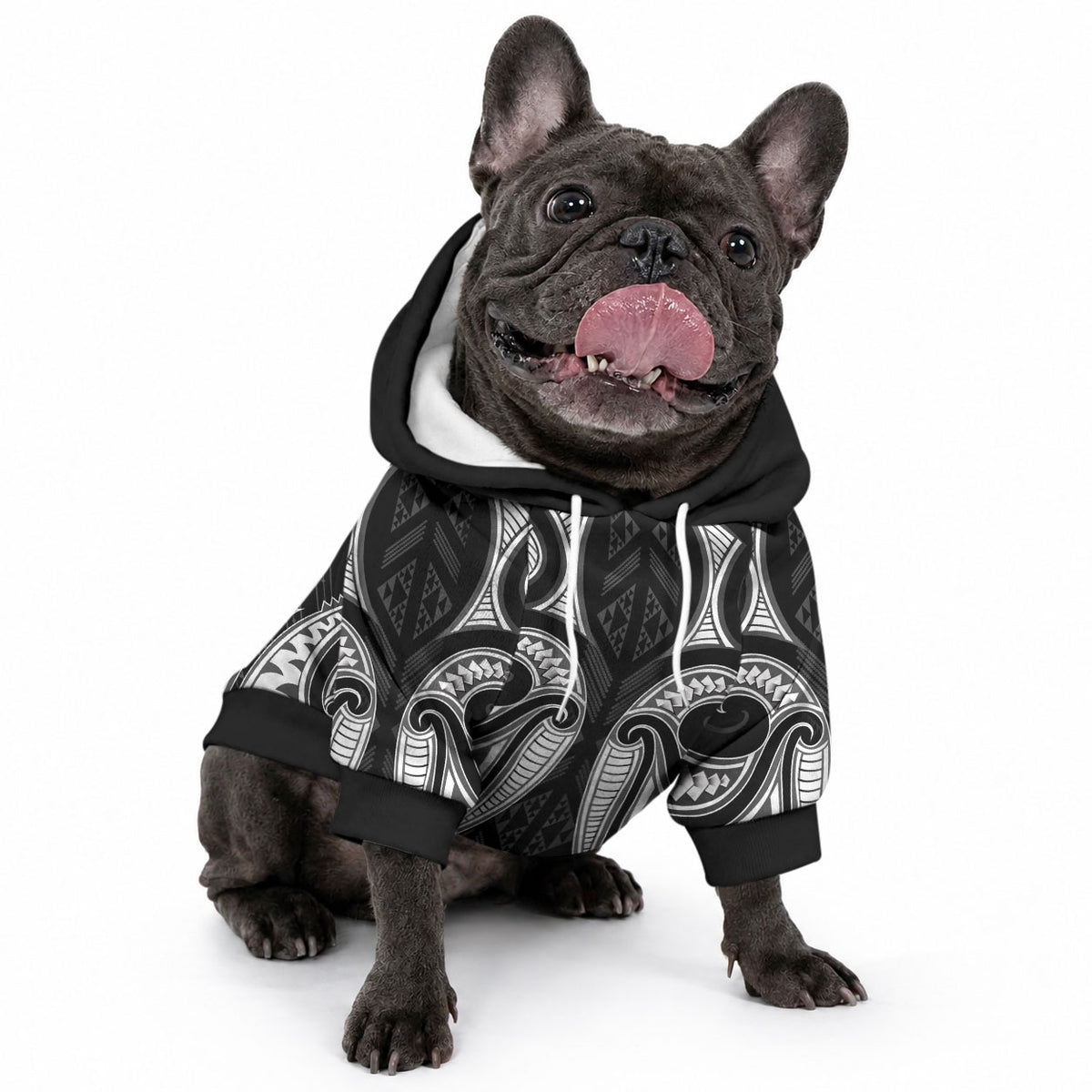 Maori Rugby Custom Ngaru Mangopare Pet Hoodie Black Whetu Niho Taniwha Motif