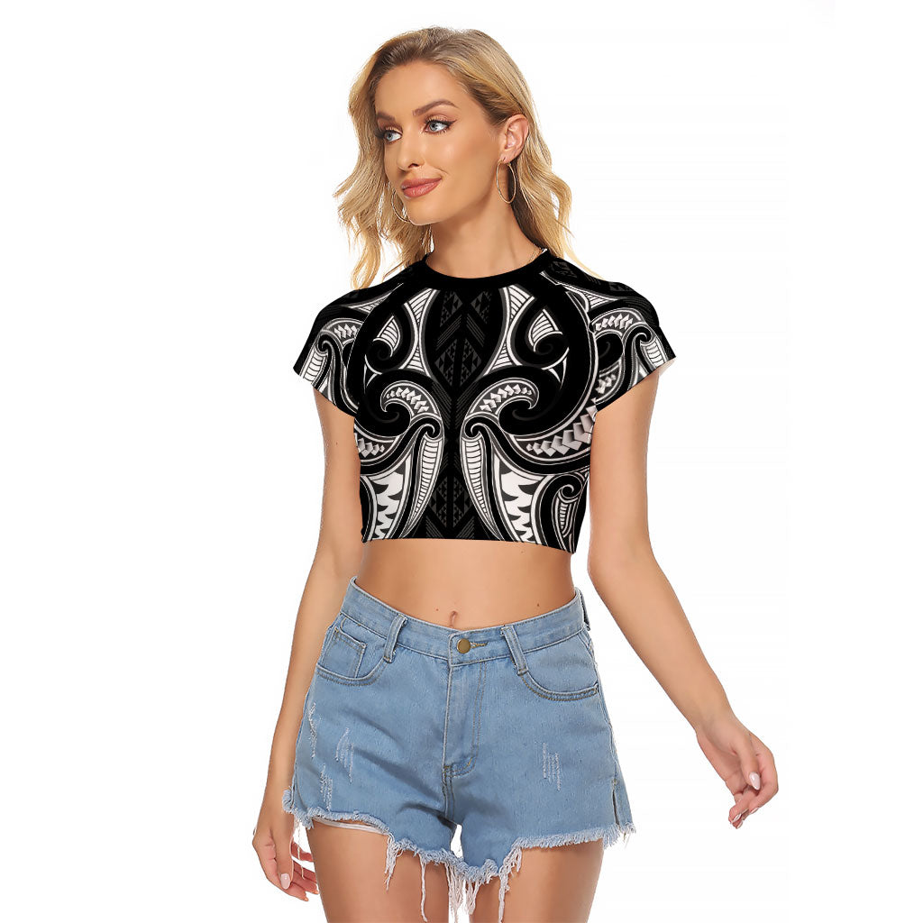 Maori Rugby Custom Ngaru Mangopare Raglan Cropped T Shirt Black Whetu Niho Taniwha Motif