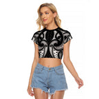 Maori Rugby Custom Ngaru Mangopare Raglan Cropped T Shirt Black Whetu Niho Taniwha Motif