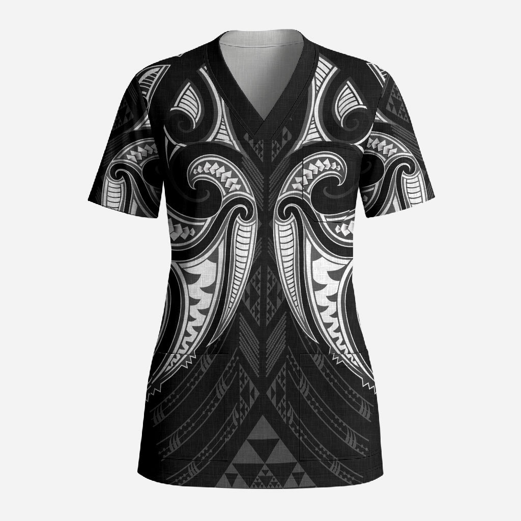 Maori Rugby Custom Ngaru Mangopare Scrub Top Black Whetu Niho Taniwha Motif