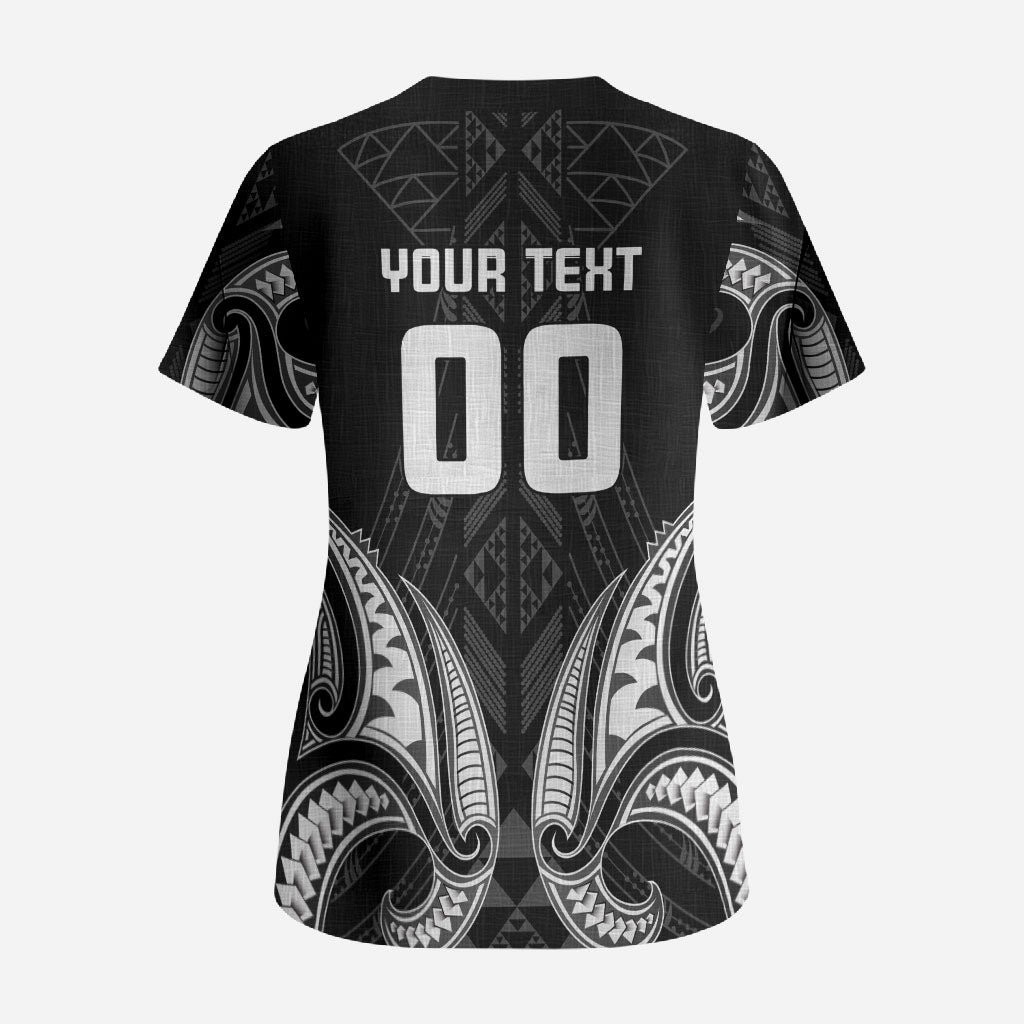 Maori Rugby Custom Ngaru Mangopare Scrub Top Black Whetu Niho Taniwha Motif