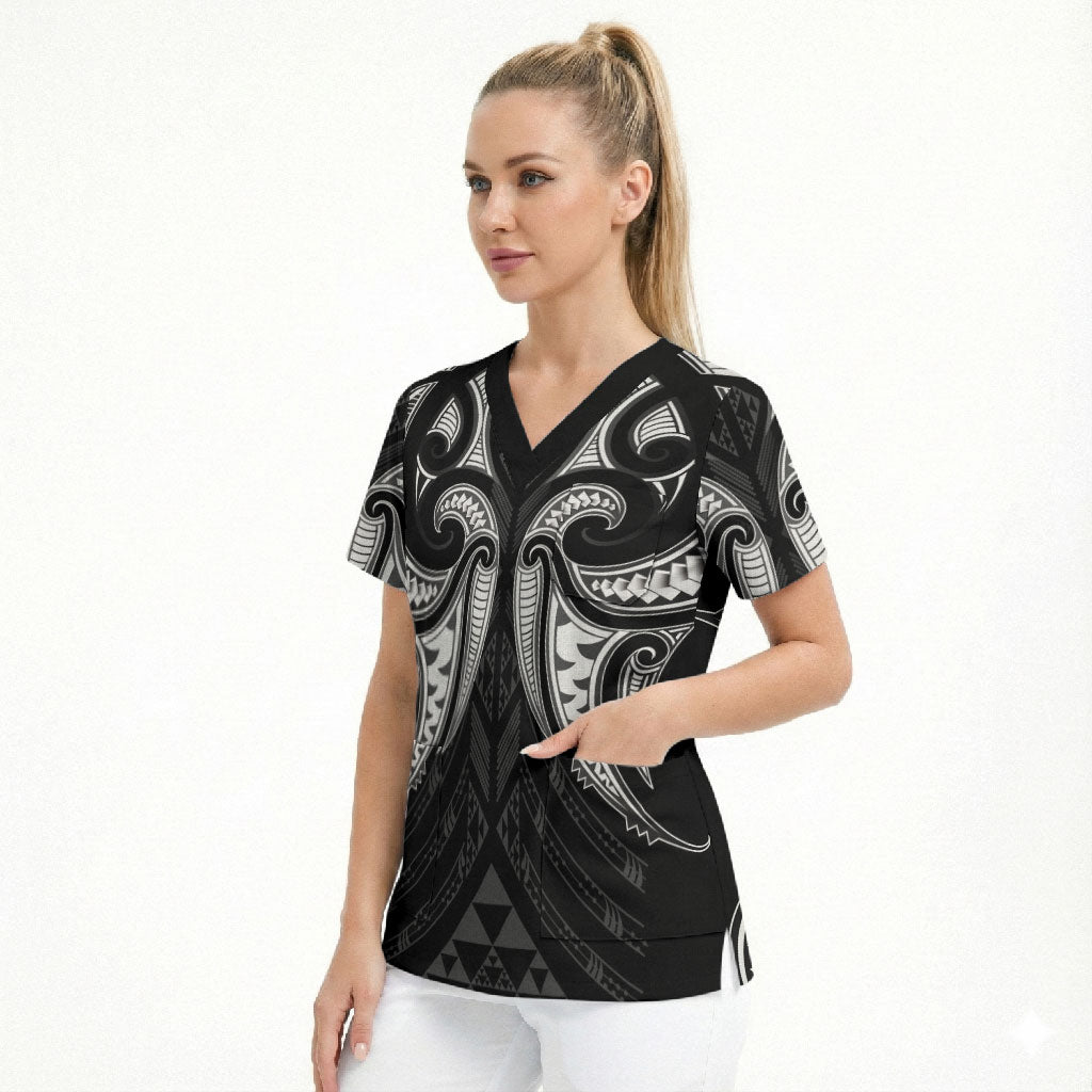 Maori Rugby Custom Ngaru Mangopare Scrub Top Black Whetu Niho Taniwha Motif