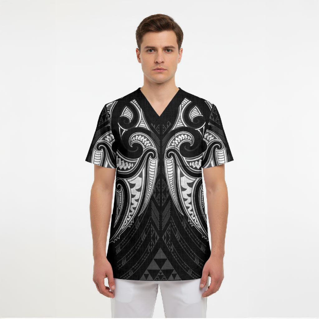 Maori Rugby Custom Ngaru Mangopare Scrub Top Black Whetu Niho Taniwha Motif