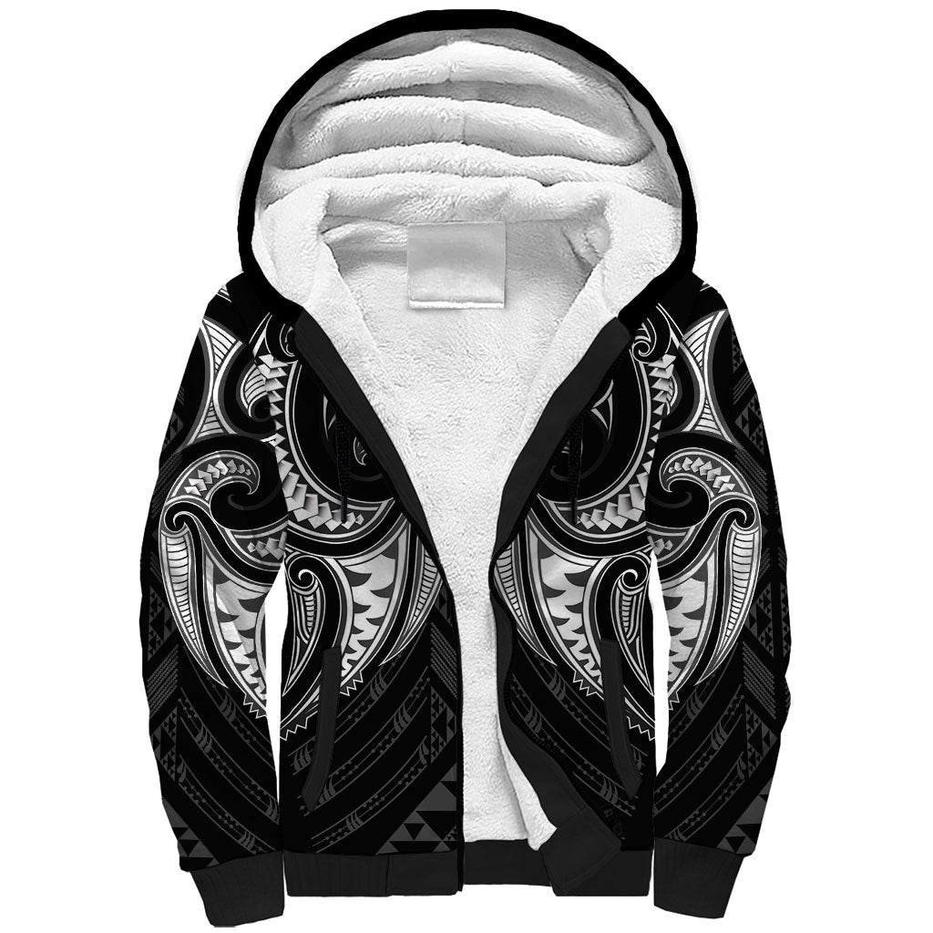 Maori Rugby Custom Ngaru Mangopare Sherpa Hoodie Black Whetu Niho Taniwha Motif