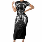 Maori Rugby Custom Ngaru Mangopare Short Sleeve Bodycon Dress Black Whetu Niho Taniwha Motif