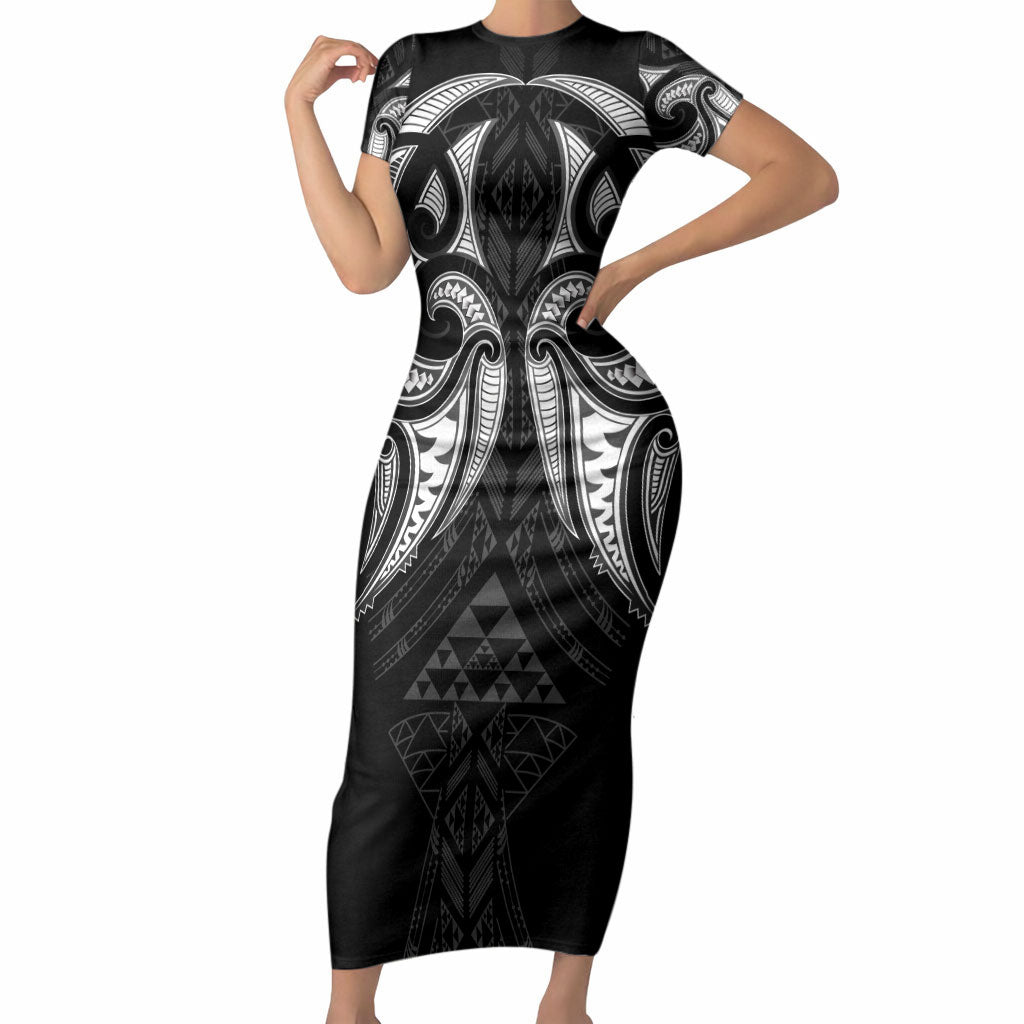 Maori Rugby Custom Ngaru Mangopare Short Sleeve Bodycon Dress Black Whetu Niho Taniwha Motif