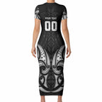 Maori Rugby Custom Ngaru Mangopare Short Sleeve Bodycon Dress Black Whetu Niho Taniwha Motif