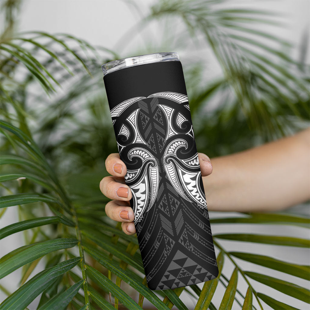 Maori Rugby Custom Ngaru Mangopare Skinny Tumbler Black Whetu Niho Taniwha Motif