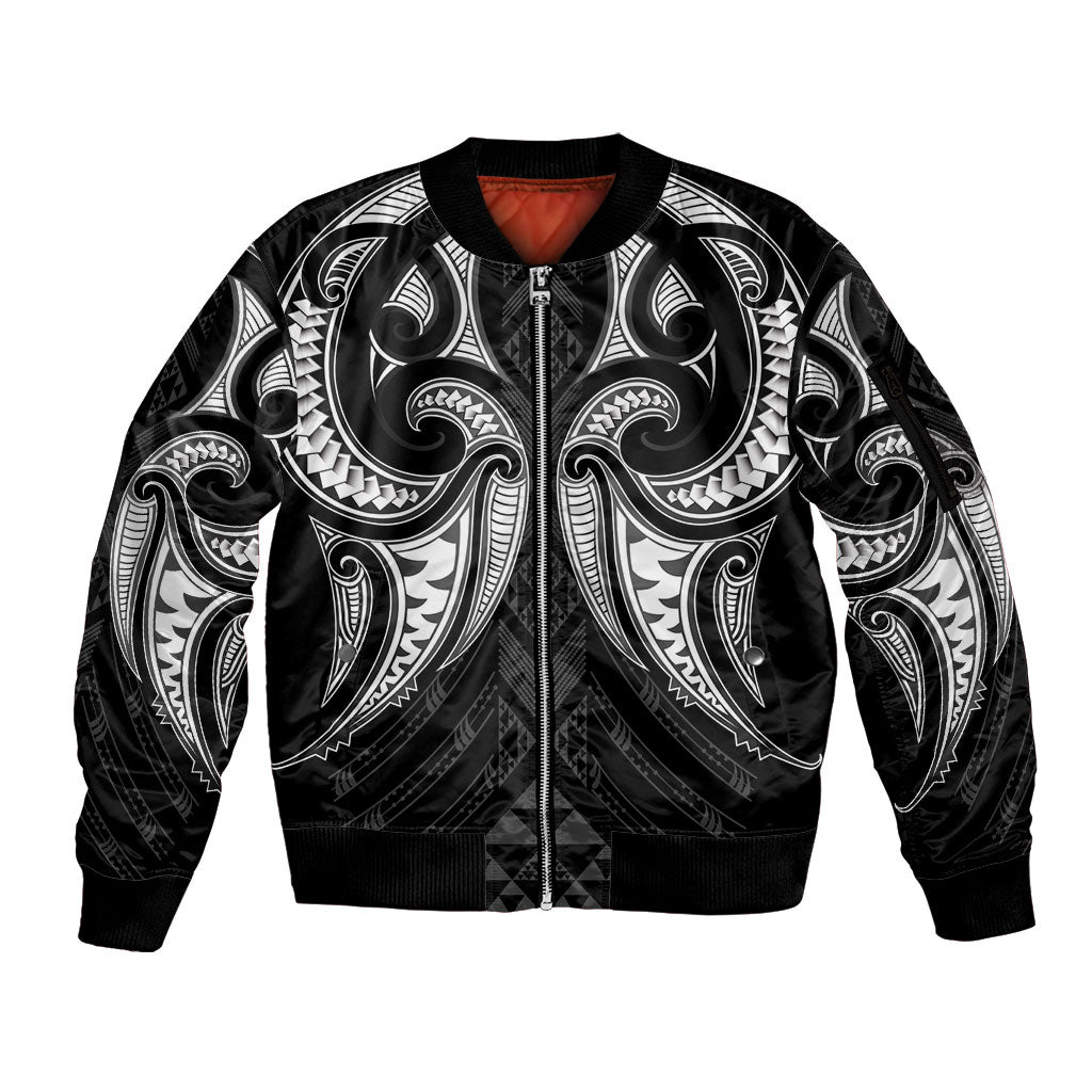 Maori Rugby Custom Ngaru Mangopare Sleeve Zip Bomber Jacket Black Whetu Niho Taniwha Motif