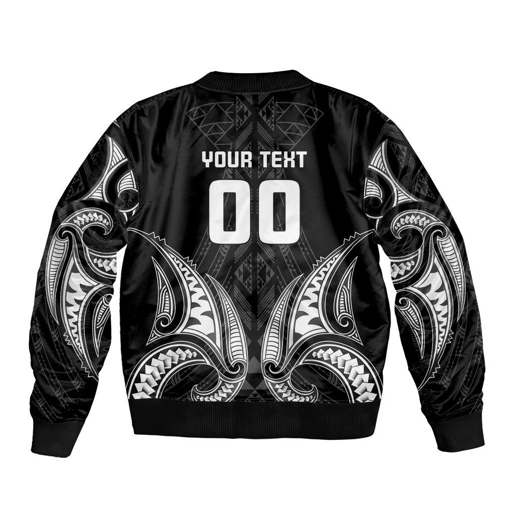 Maori Rugby Custom Ngaru Mangopare Sleeve Zip Bomber Jacket Black Whetu Niho Taniwha Motif