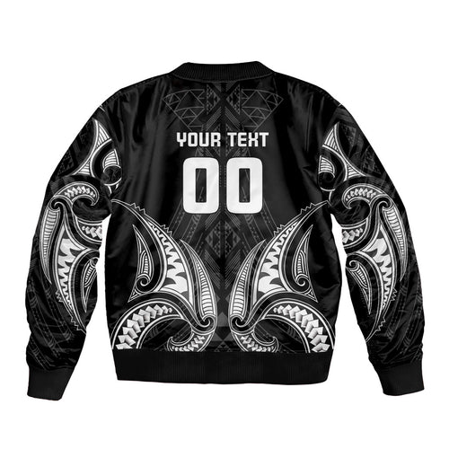 Maori Rugby Custom Ngaru Mangopare Sleeve Zip Bomber Jacket Black Whetu Niho Taniwha Motif