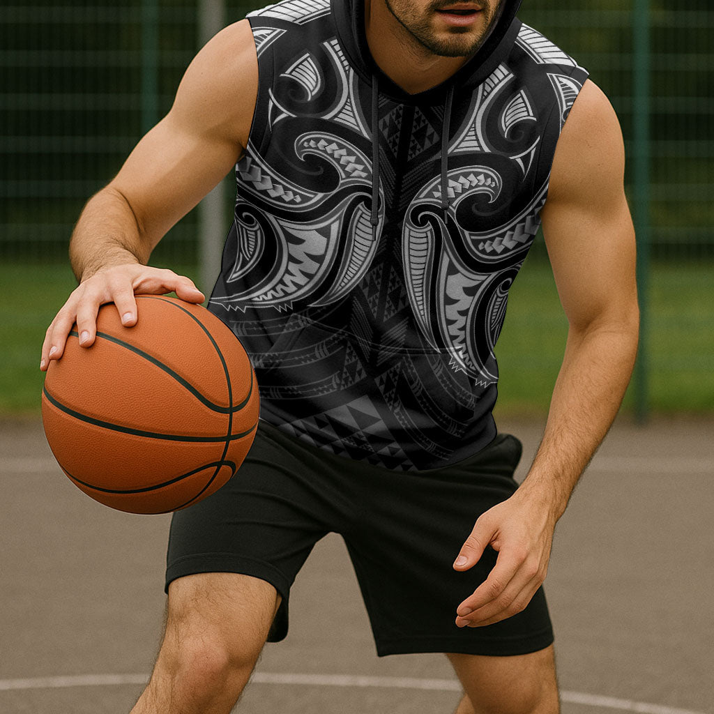 Maori Rugby Custom Ngaru Mangopare Sleeveless Hoodie Black Whetu Niho Taniwha Motif