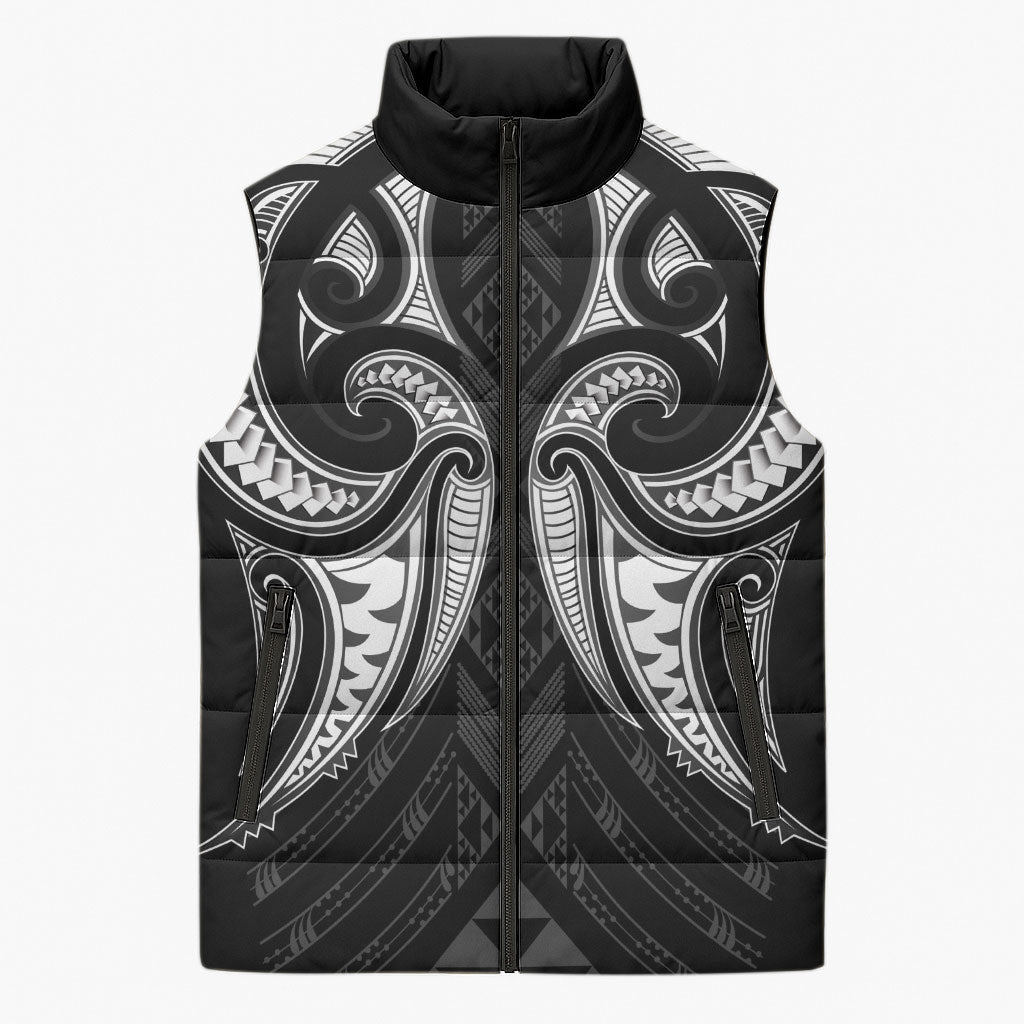 Maori Rugby Custom Ngaru Mangopare Sleeveless Puffer Jacket Black Whetu Niho Taniwha Motif
