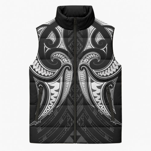 Maori Rugby Custom Ngaru Mangopare Sleeveless Puffer Jacket Black Whetu Niho Taniwha Motif