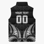 Maori Rugby Custom Ngaru Mangopare Sleeveless Puffer Jacket Black Whetu Niho Taniwha Motif