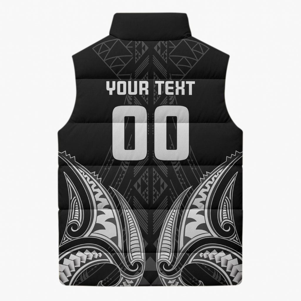 Maori Rugby Custom Ngaru Mangopare Sleeveless Puffer Jacket Black Whetu Niho Taniwha Motif
