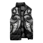 Maori Rugby Custom Ngaru Mangopare Sleeveless Puffer Jacket Black Whetu Niho Taniwha Motif