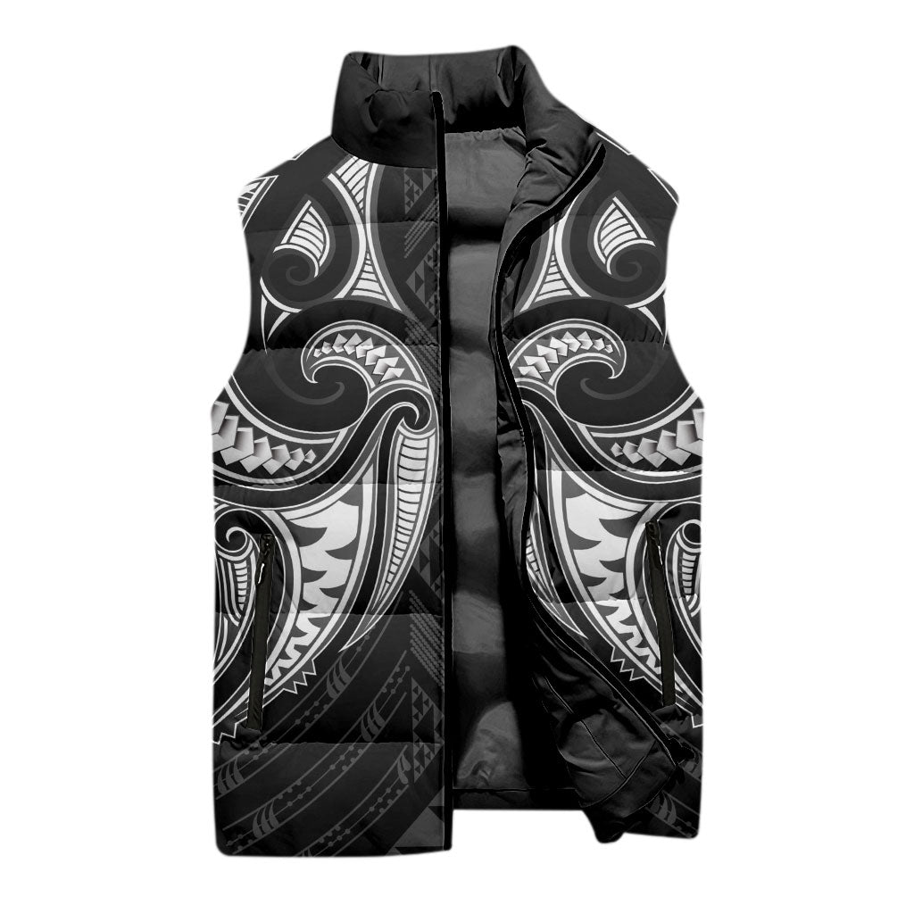 Maori Rugby Custom Ngaru Mangopare Sleeveless Puffer Jacket Black Whetu Niho Taniwha Motif