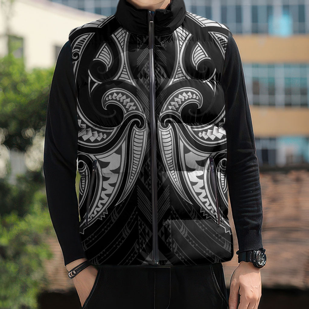 Maori Rugby Custom Ngaru Mangopare Sleeveless Puffer Jacket Black Whetu Niho Taniwha Motif