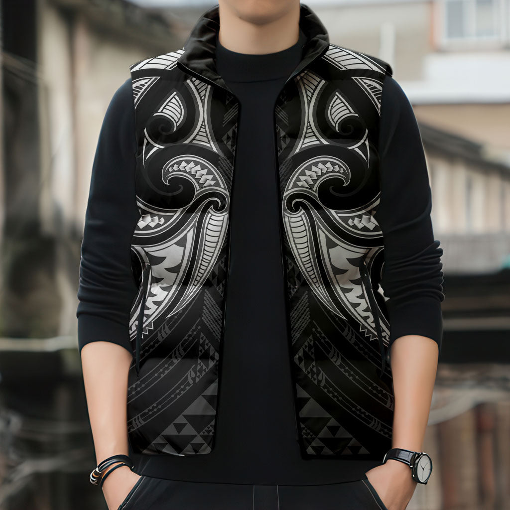 Maori Rugby Custom Ngaru Mangopare Sleeveless Puffer Jacket Black Whetu Niho Taniwha Motif