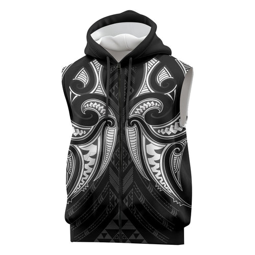 Maori Rugby Custom Ngaru Mangopare Sleeveless Zip Hoodie Black Whetu Niho Taniwha Motif
