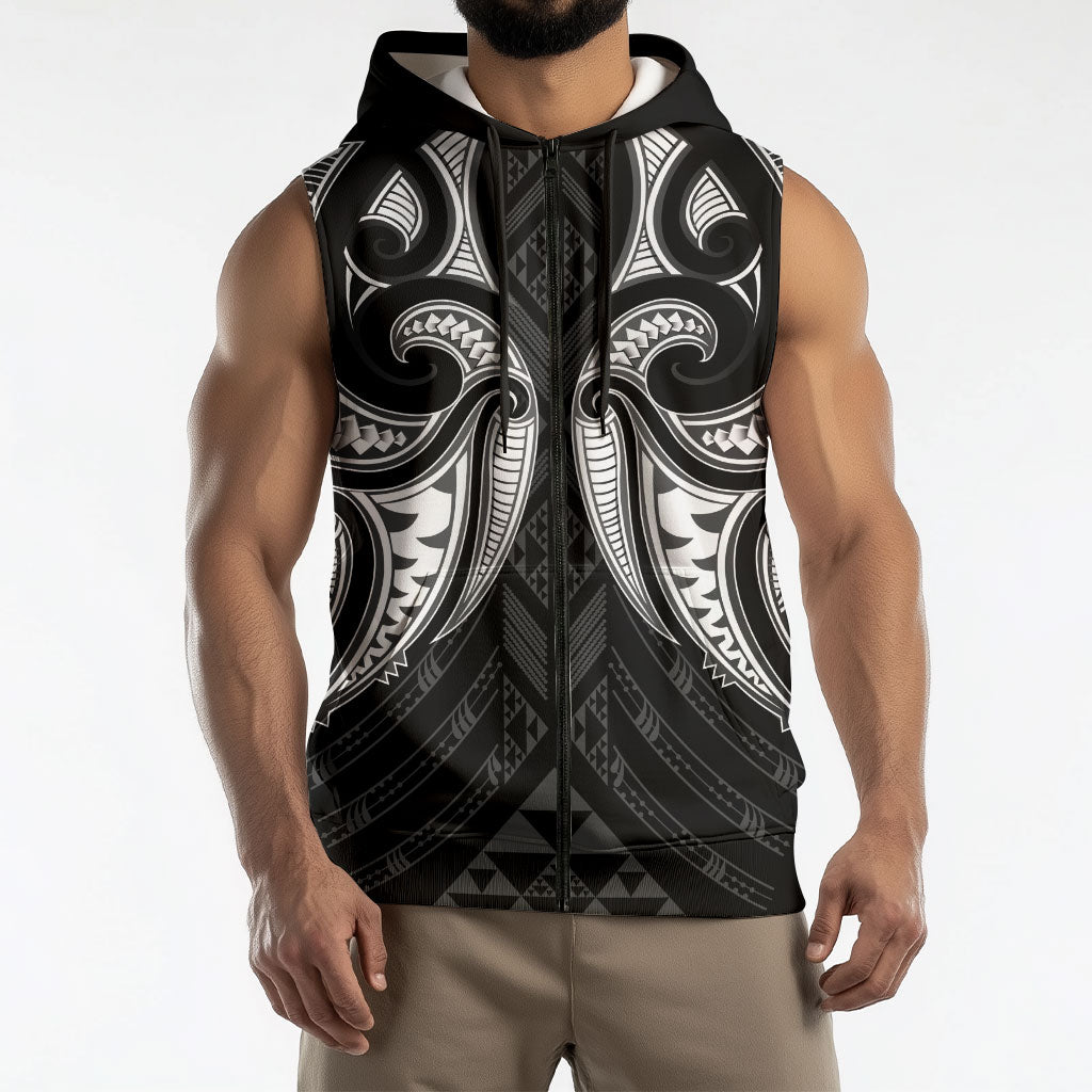 Maori Rugby Custom Ngaru Mangopare Sleeveless Zip Hoodie Black Whetu Niho Taniwha Motif