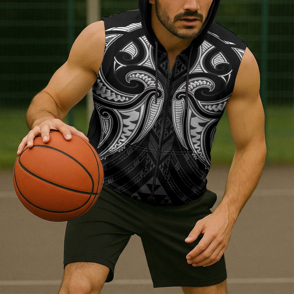 Maori Rugby Custom Ngaru Mangopare Sleeveless Zip Hoodie Black Whetu Niho Taniwha Motif