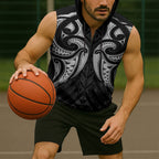 Maori Rugby Custom Ngaru Mangopare Sleeveless Zip Hoodie Black Whetu Niho Taniwha Motif