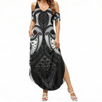 Maori Rugby Custom Ngaru Mangopare Summer Maxi Dress Black Whetu Niho Taniwha Motif