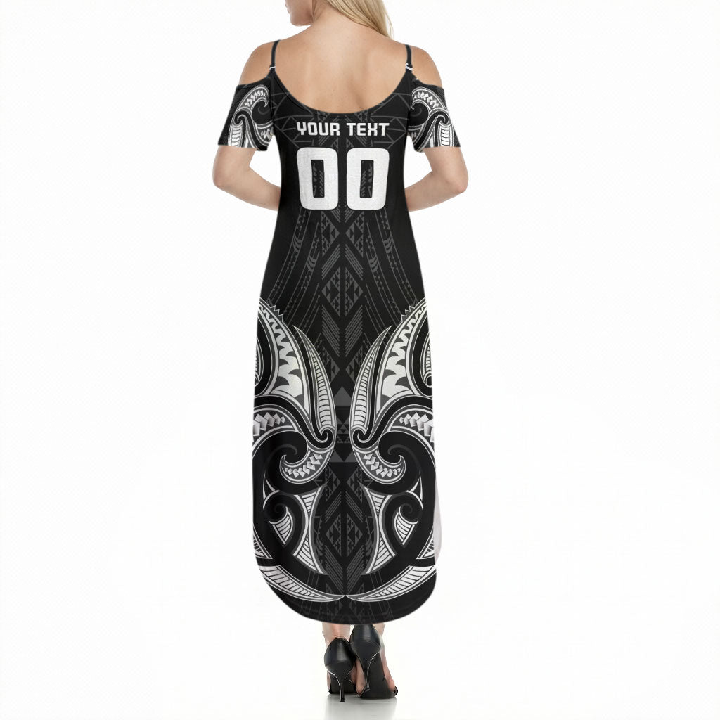 Maori Rugby Custom Ngaru Mangopare Summer Maxi Dress Black Whetu Niho Taniwha Motif