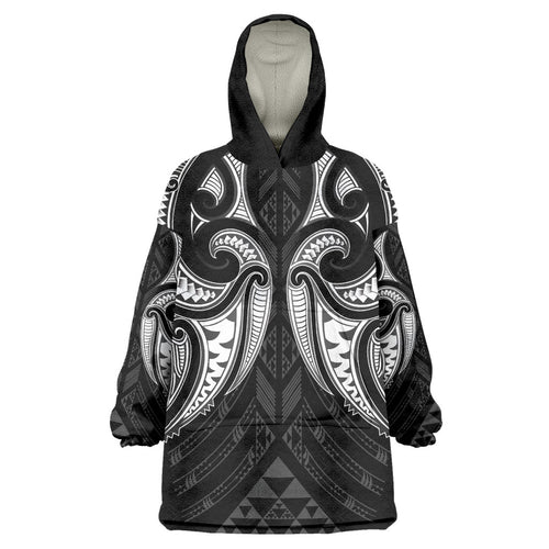 Maori Rugby Custom Ngaru Mangopare Wearable Blanket Hoodie Black Whetu Niho Taniwha Motif