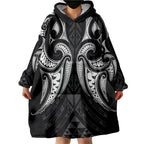 Maori Rugby Custom Ngaru Mangopare Wearable Blanket Hoodie Black Whetu Niho Taniwha Motif