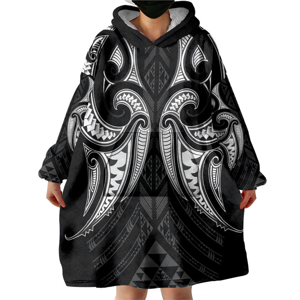 Maori Rugby Custom Ngaru Mangopare Wearable Blanket Hoodie Black Whetu Niho Taniwha Motif