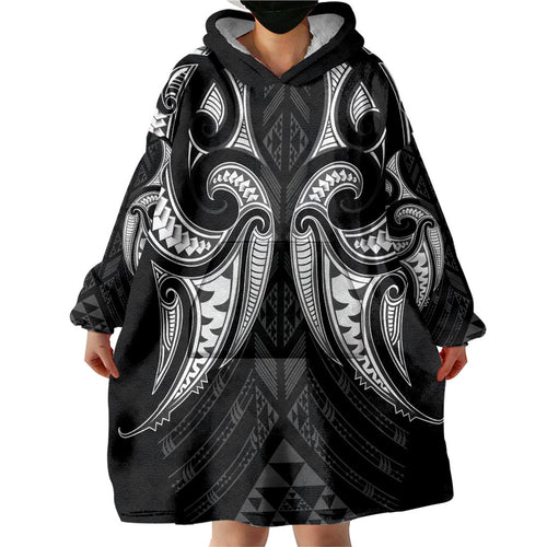 Maori Rugby Custom Ngaru Mangopare Wearable Blanket Hoodie Black Whetu Niho Taniwha Motif